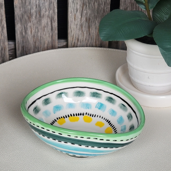 Anthropologie Handcrafted Oval Ceramic Bowl with Green, Blue & Yellow Accents - Picture 1 of 13